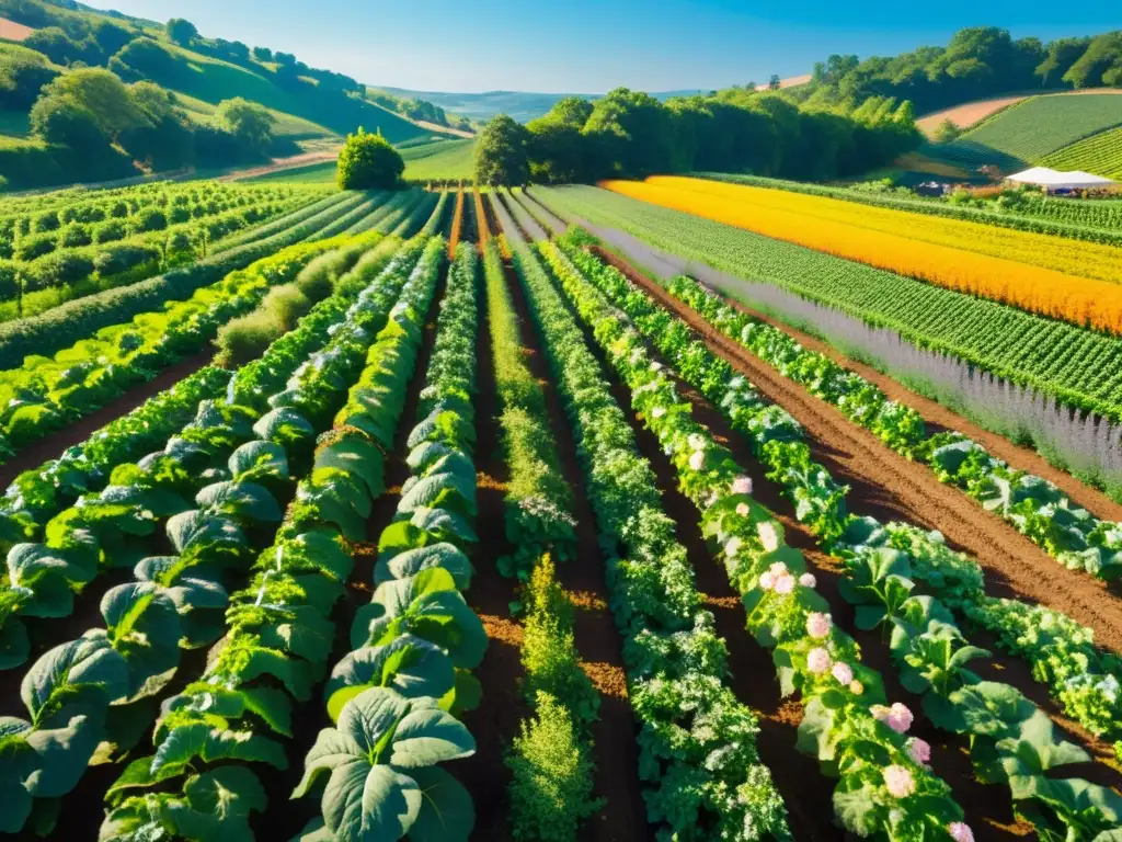 Una granja orgánica exuberante y próspera bañada por la cálida luz del sol, con cultivos saludables y abejas zumbando entre las flores