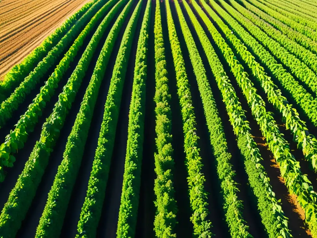 Una granja orgánica exuberante bañada en luz dorada, con cultivos saludables y beneficiosos biofertilizantes en la tierra