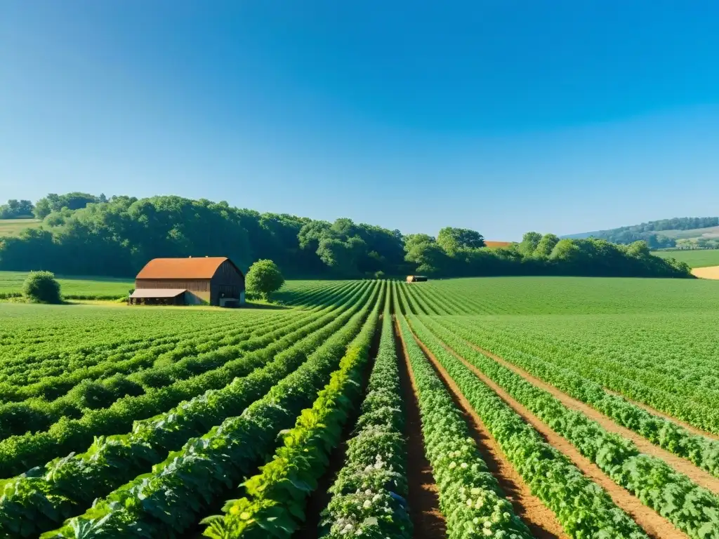 Una granja orgánica exuberante se extiende bajo un cielo azul claro, con cultivos verdes vibrantes y una pequeña casa de campo a lo lejos