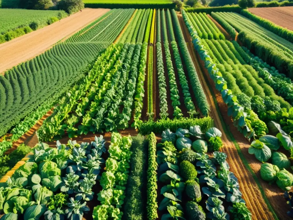 Una granja orgánica exuberante y colorida, con cultivos ordenados bañados por la cálida luz dorada del sol de la tarde