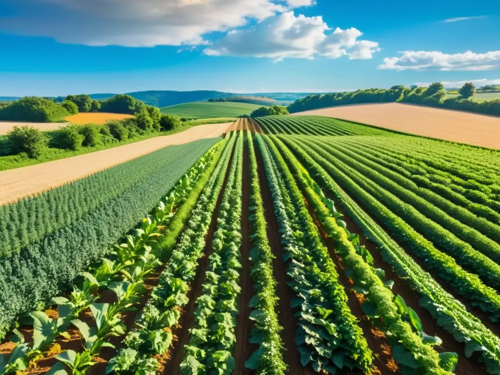 Granja orgánica exuberante: belleza natural en detalle Una granja orgánica exuberante con cultivos vibrantes y cielo azul