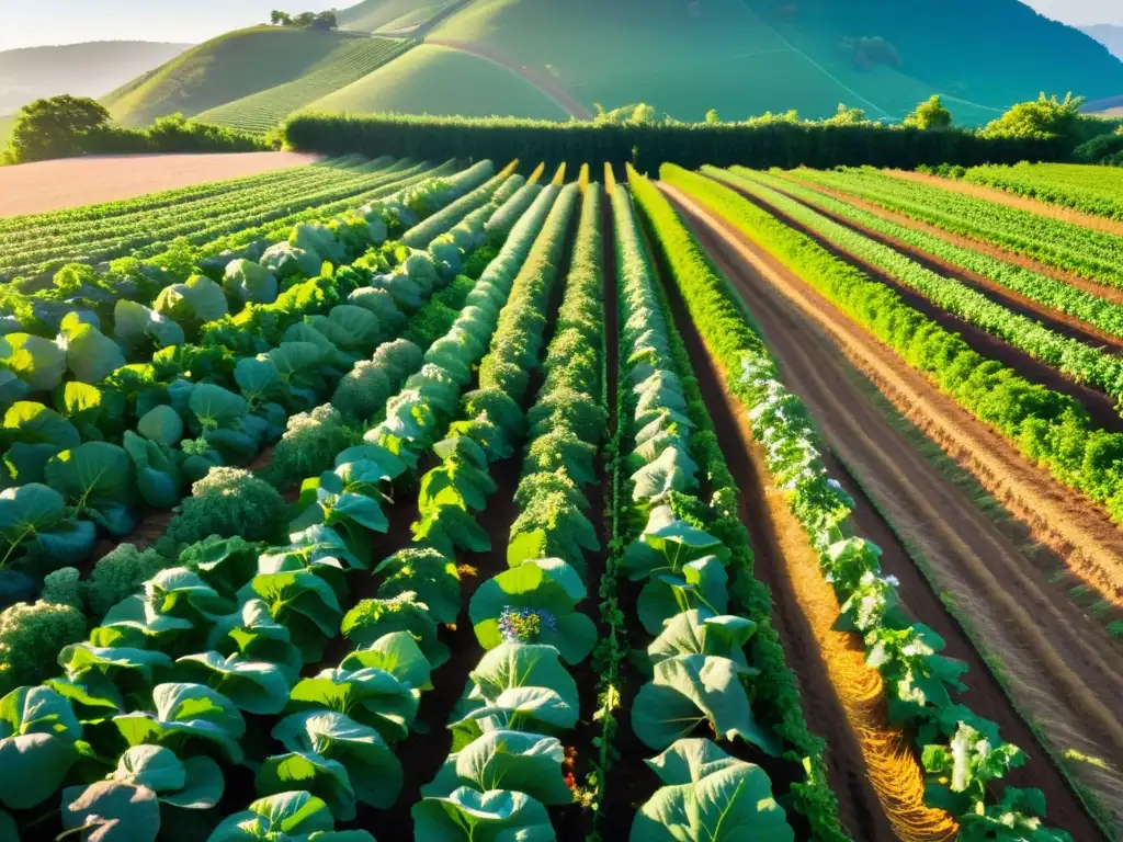 Una granja orgánica exuberante con cultivos de frutas y verduras vibrantes, bañados por la cálida luz dorada