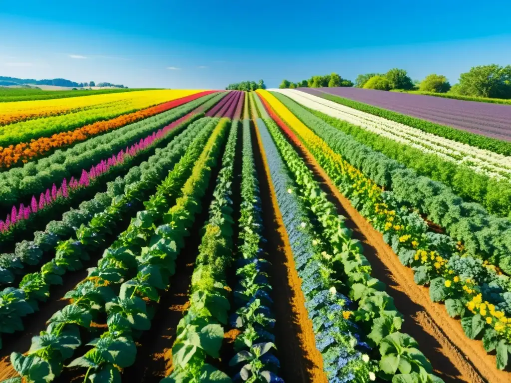 Una granja orgánica exuberante con cultivos coloridos bajo el cielo azul