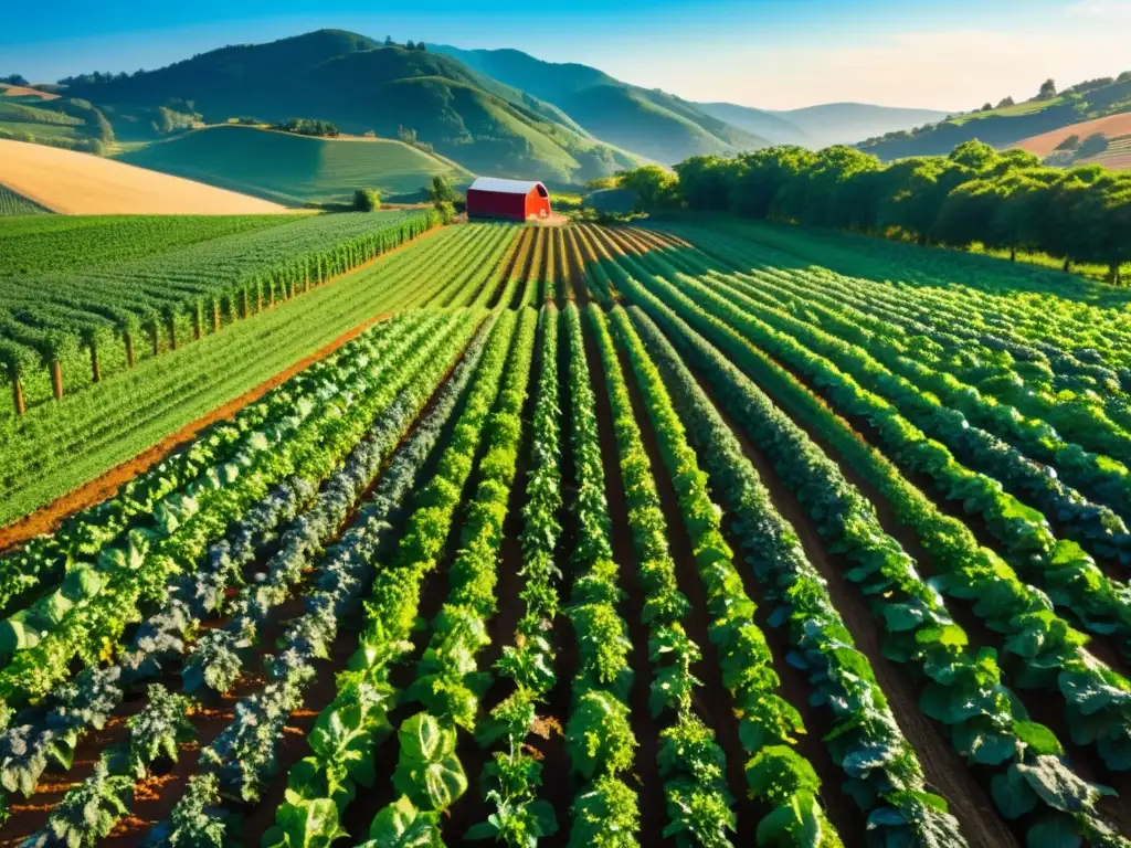 Una granja orgánica exuberante con cultivos de tomate, lechuga y pimiento