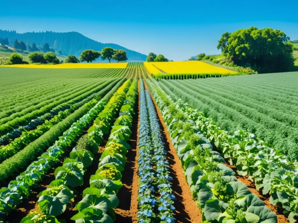 Una granja orgánica exuberante y próspera con cultivos vibrantes bajo el cielo azul