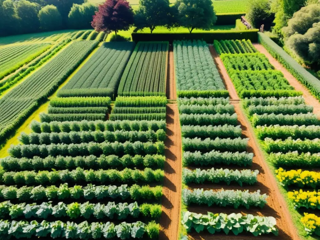 Una granja orgánica exuberante y próspera con cultivos ordenados, rodeada de barreras naturales