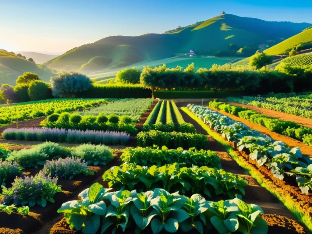 Granja orgánica exuberante, con cultivos variados bañados por la luz dorada del atardecer