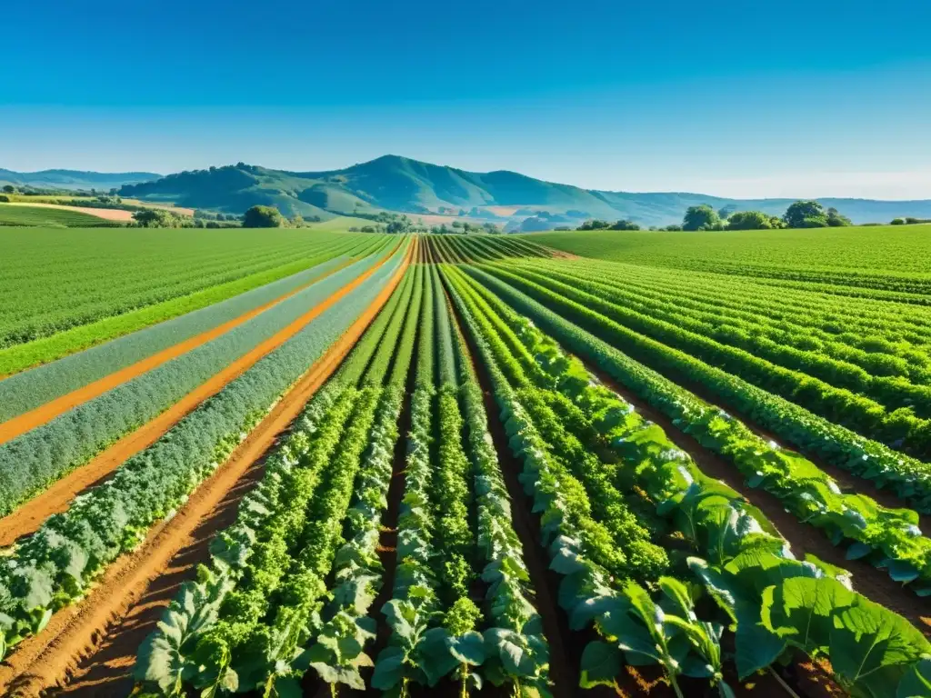 Una granja orgánica exuberante con cultivos verdes bajo el cielo azul