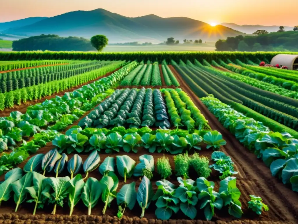 Una granja orgánica exuberante con cultivos ordenados, bañados por la luz dorada del atardecer