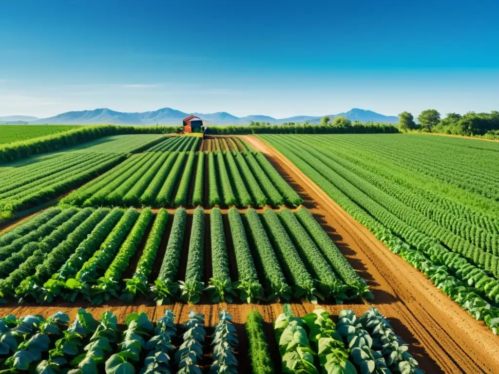 Una granja orgánica exuberante con cultivos ordenados bajo un cielo azul claro