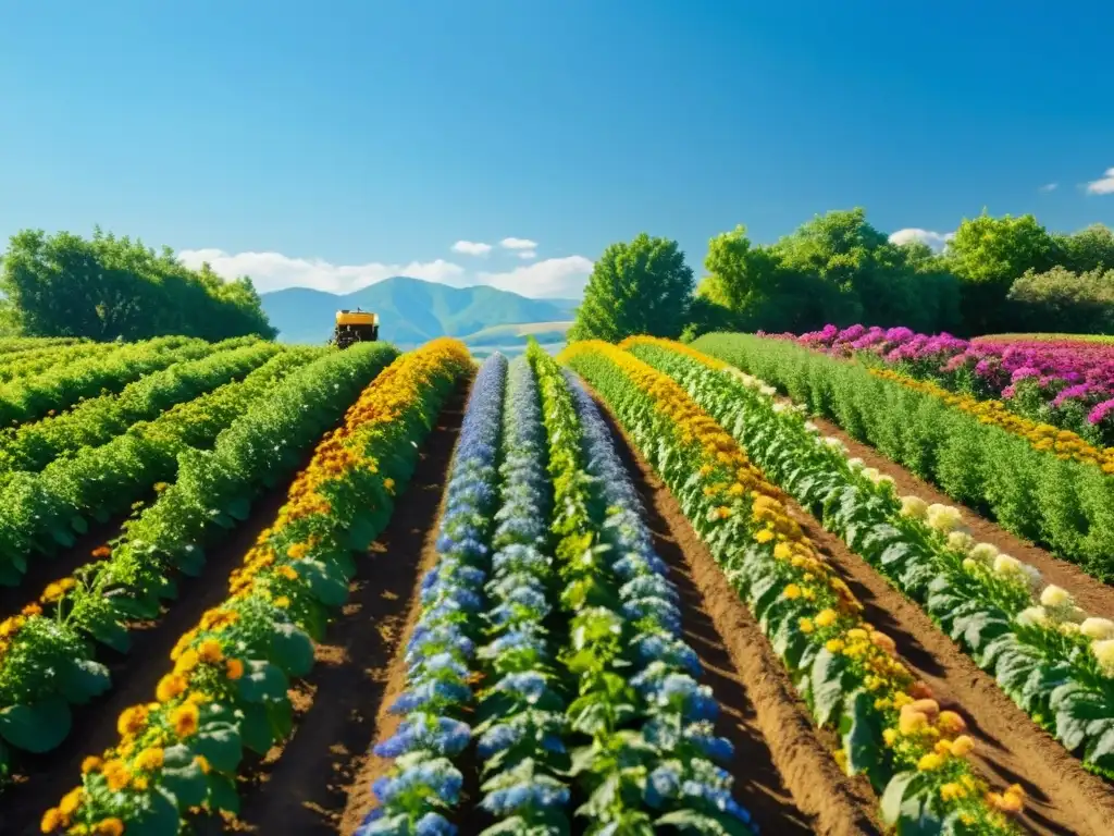 Granja orgánica exuberante con cultivos saludables bajo el cielo azul