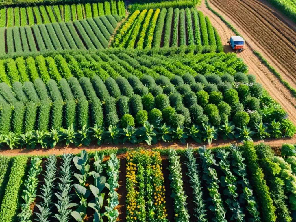 Una granja orgánica exuberante con cultivos verdes y flores defensivas, donde los agricultores expertos aplican técnicas de cultivo orgánico