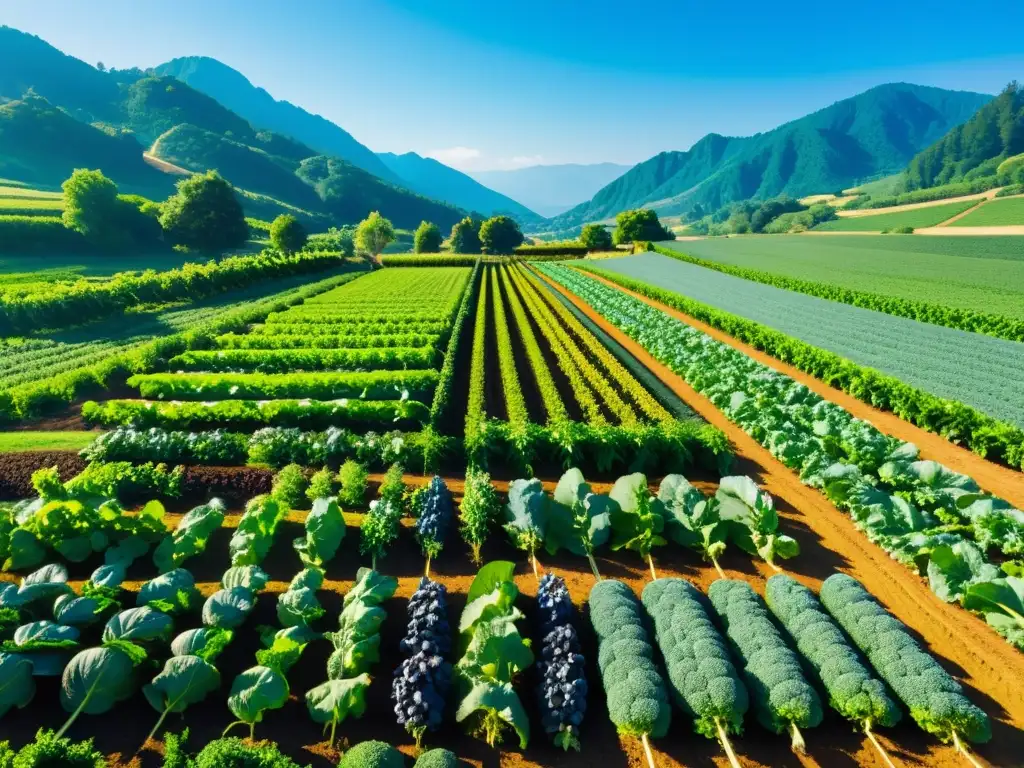 Una granja orgánica exuberante con cultivos variados, vegetales vibrantes, frondosas verduras y frutas