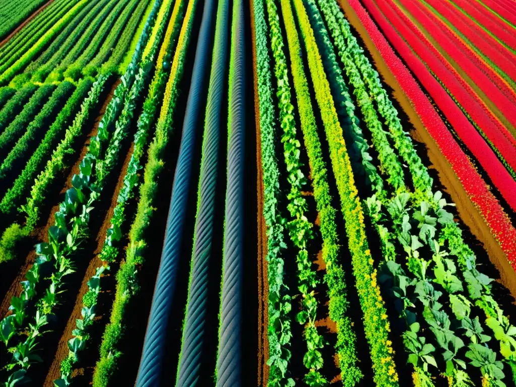 Una granja orgánica exuberante con cultivos coloridos bajo un cielo azul claro