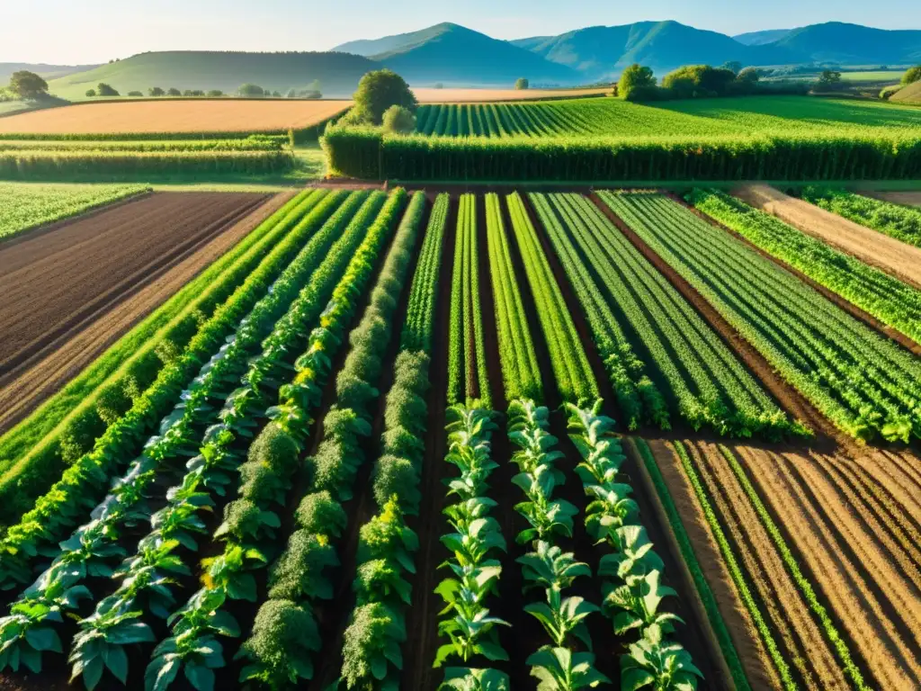 Una granja orgánica exuberante y próspera con cultivos verdes vibrantes, bañada por la cálida luz del sol