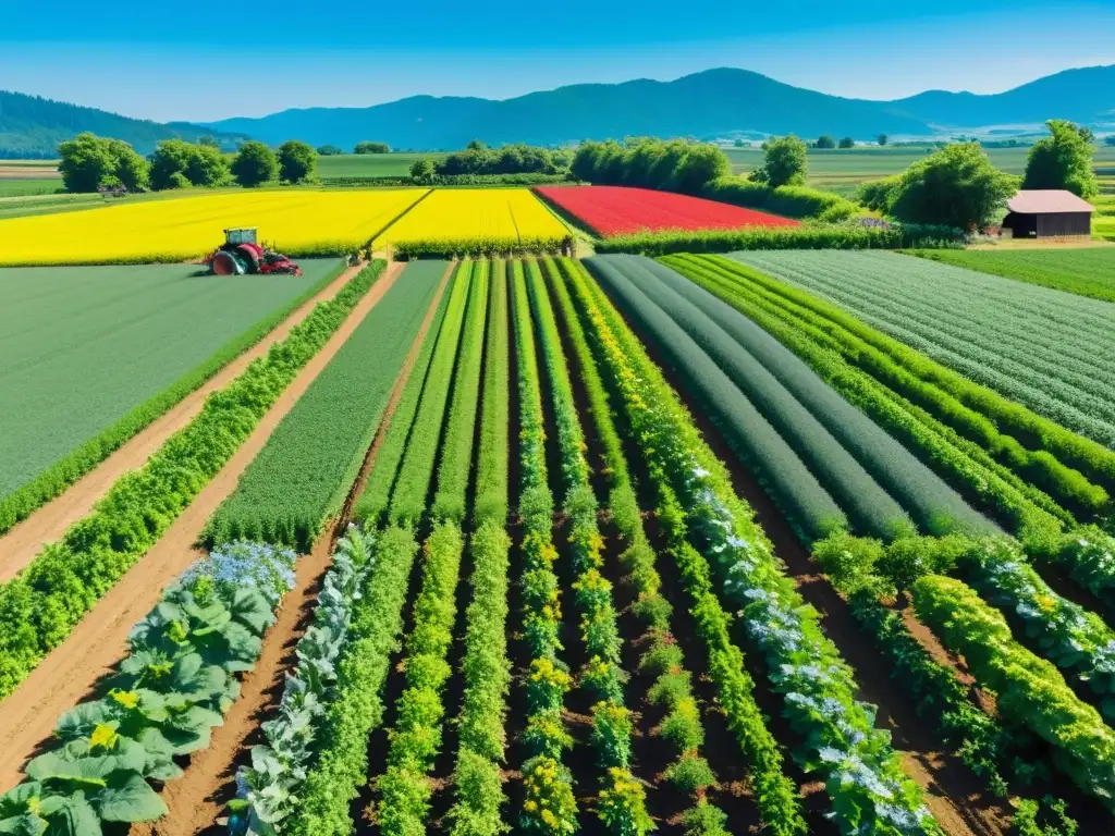 Una granja orgánica exuberante con cultivos ordenados bajo un cielo azul