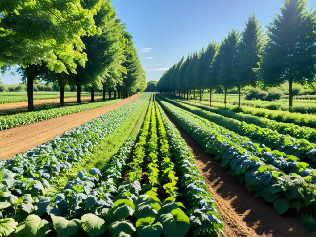 Una granja orgánica exuberante con cultivos ordenados y árboles altos, bajo un cielo azul