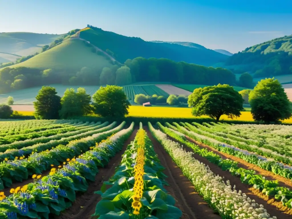 Granja orgánica: campos verdes y flores silvestres bajo el sol Una granja orgánica exuberante con cultivos ordenados bajo un cielo azul
