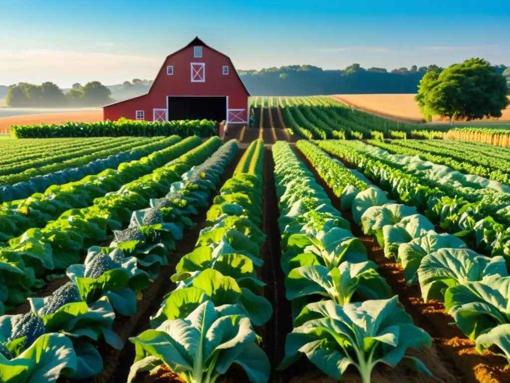 Una granja orgánica exuberante con cultivos variados, como lechugas verdes, tomates rojos y maíz