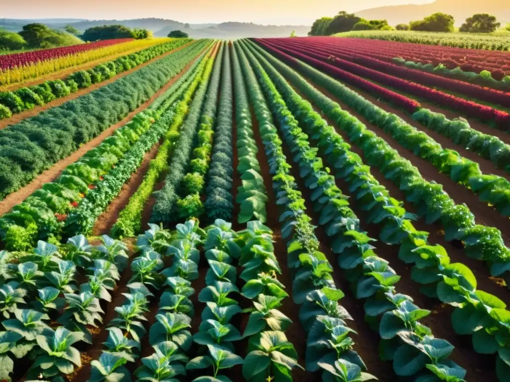 Una granja orgánica exuberante y diversa con cultivos vibrantes, abejas y mariposas, transmitiendo la armonía entre agricultura y naturaleza