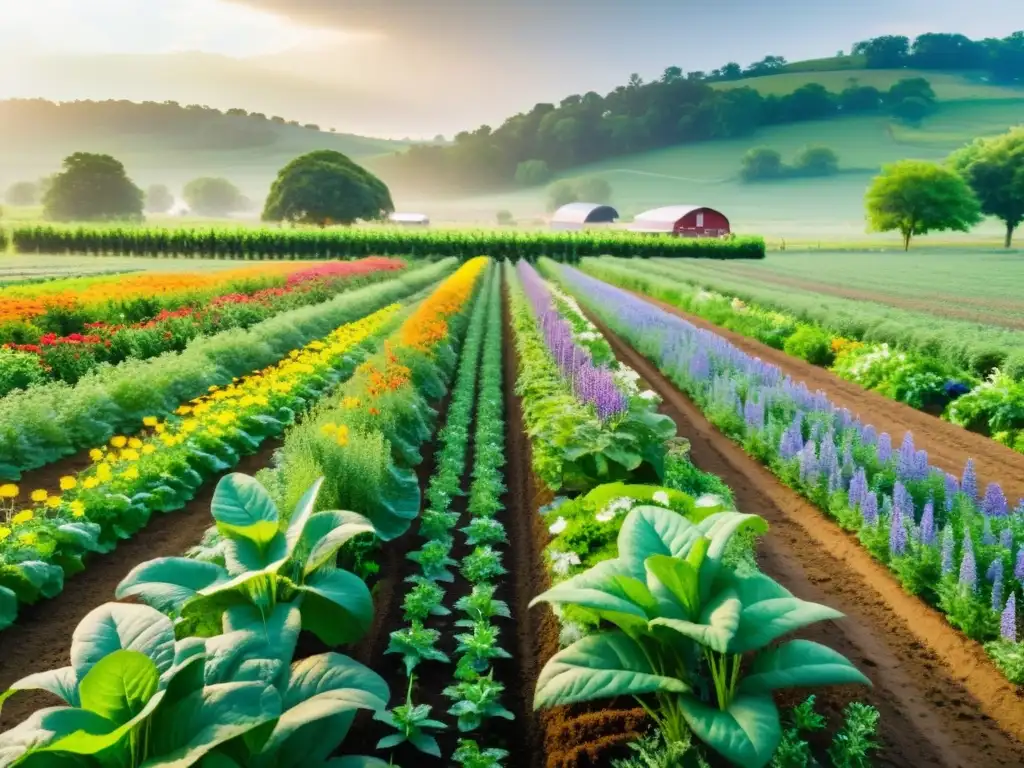 Una granja orgánica exuberante y diversa, con cultivos vibrantes bajo el cálido sol