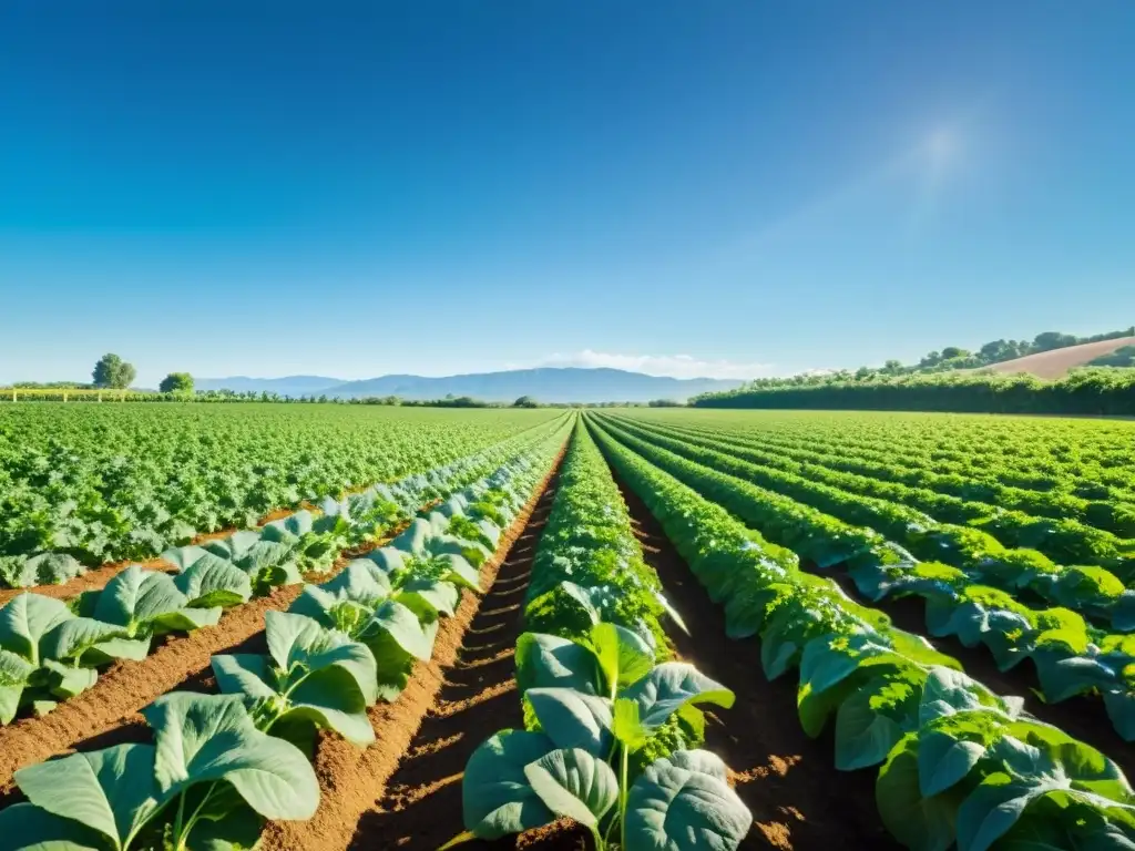 Una granja orgánica exuberante y diversa, con cultivos ordenados bajo el cielo azul