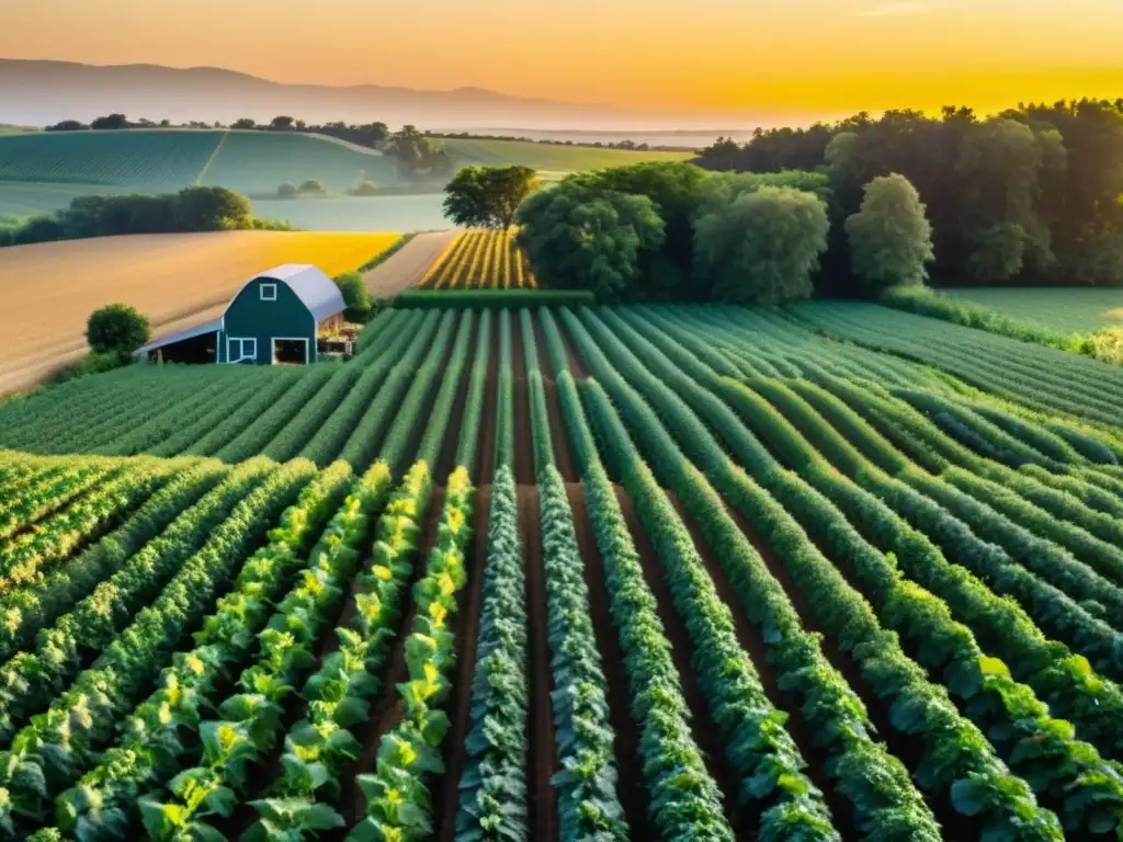 Una granja orgánica exuberante y expansiva se extiende ante nosotros, con cultivos vibrantes y saludables que alcanzan el horizonte