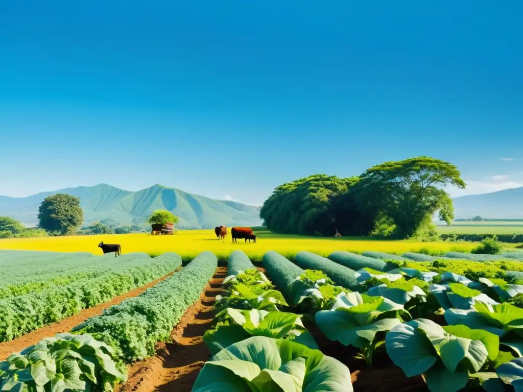 Una granja orgánica exuberante, con fauna silvestre y agricultores conviviendo en armonía