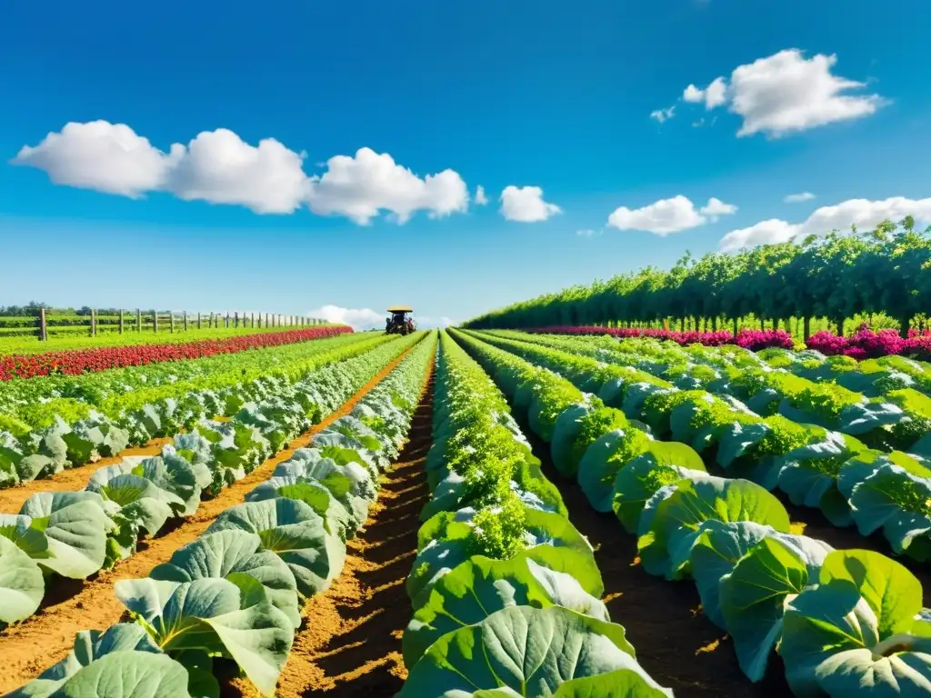 Una granja orgánica exuberante con filas de frutas y verduras vibrantes bajo el sol, exudando abundancia natural y sostenibilidad agrícola