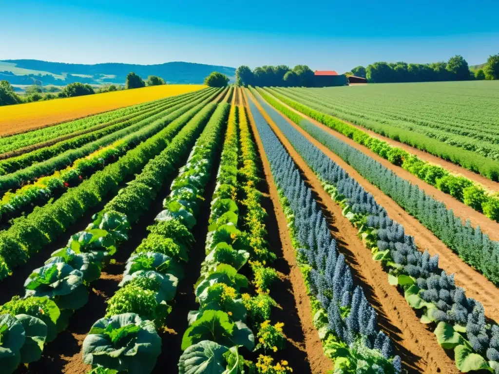 Una granja orgánica exuberante con frutas y vegetales coloridos bajo el sol