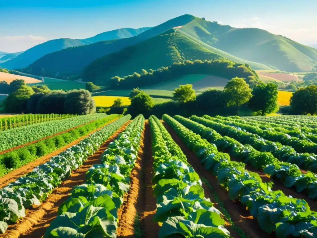 Una granja orgánica exuberante con frutas y verduras coloridas, bañada por el sol, rodeada de naturaleza exuberante