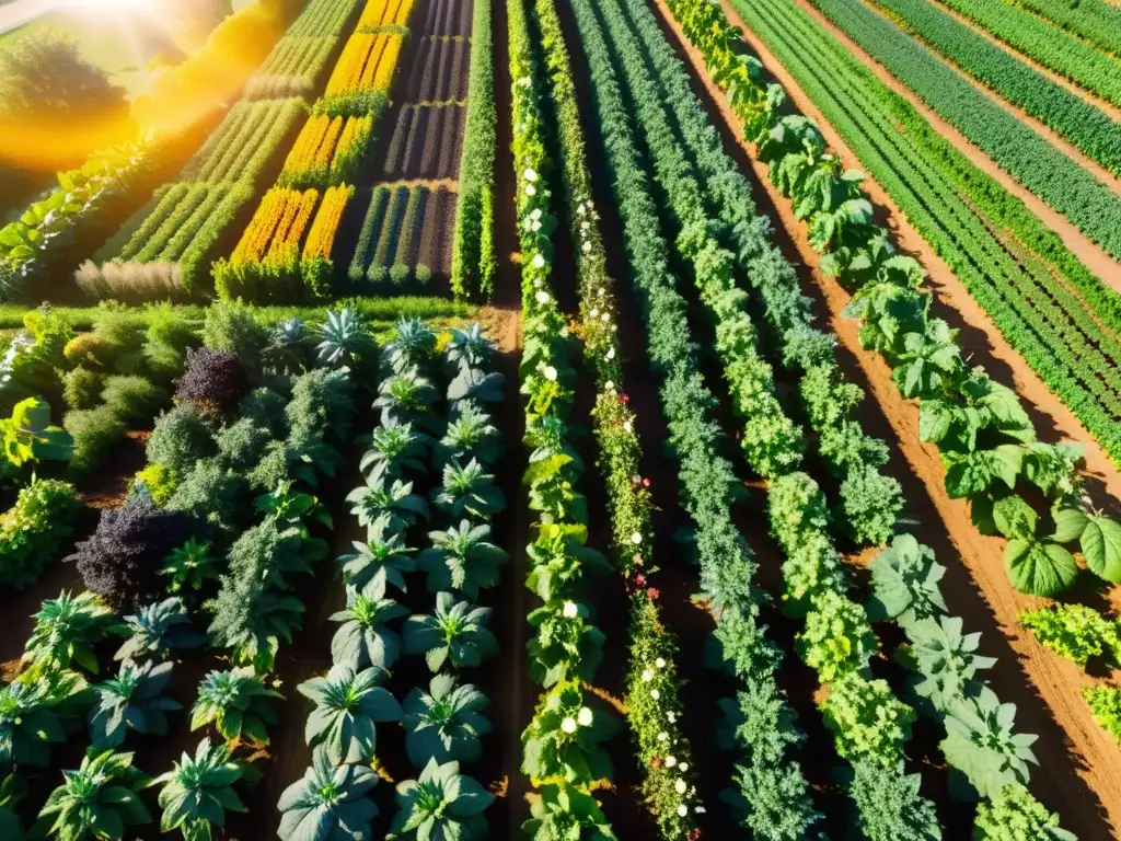 Granja orgánica llena de vida: frutas, verduras y colores Una granja orgánica exuberante y próspera, con frutas, verduras y hierbas coloridas en filas ordenadas