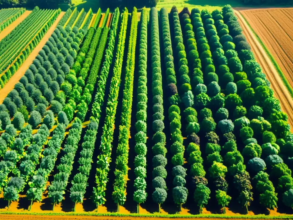 Una granja orgánica exuberante con frutas y verduras vibrantes bajo el cálido sol