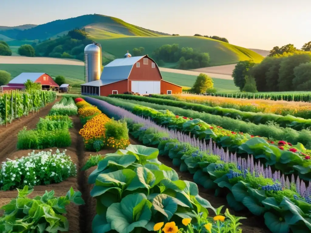 Una granja orgánica exuberante con hileras de vegetales rodeadas de flores silvestres