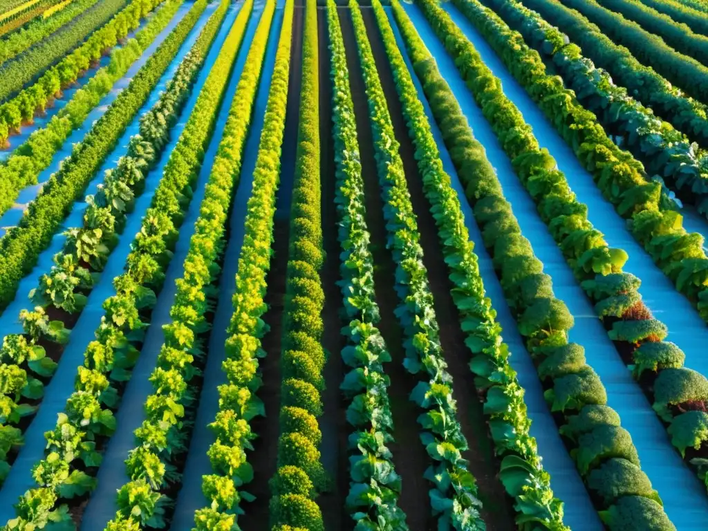 Una granja orgánica exuberante con hileras de vegetales y frutas, iluminada por la cálida luz del atardecer