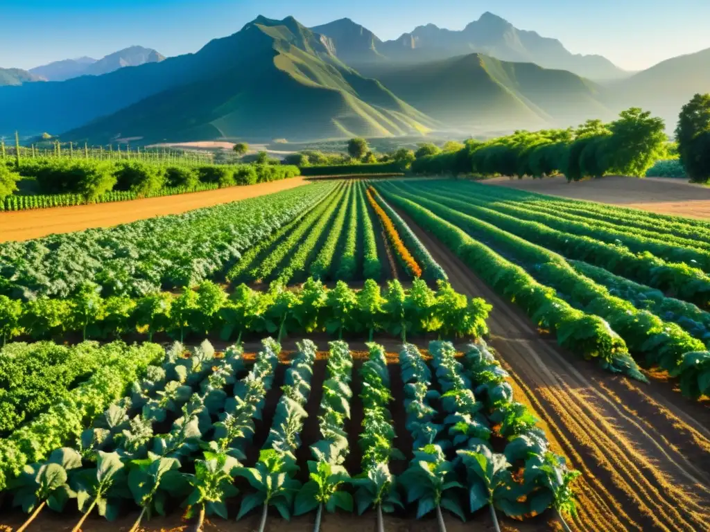 Una granja orgánica exuberante, con hortalizas vibrantes y montañas al fondo, evoca impacto alimentos orgánicos medio ambiente