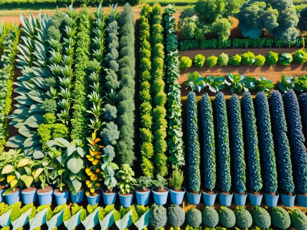 Una granja orgánica exuberante, llena de cultivos coloridos y árboles frutales, bajo un cielo azul