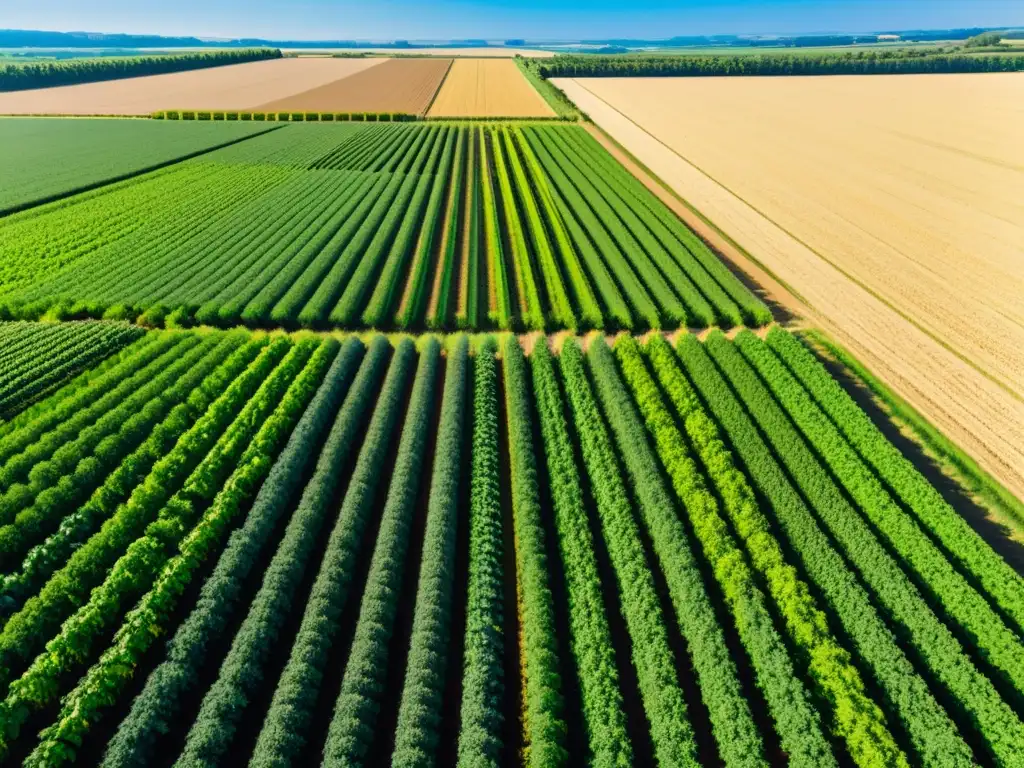 Granja orgánica exuberante y productiva con cultivos verdes bajo el sol