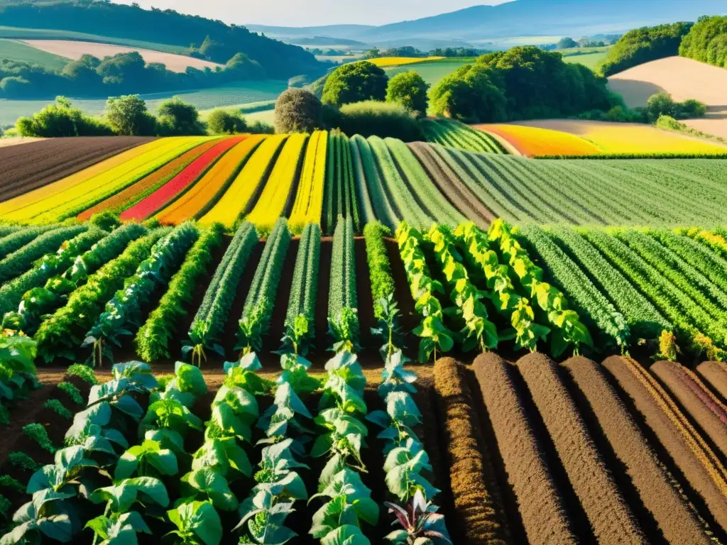 Una granja orgánica exuberante y soleada con cultivos coloridos