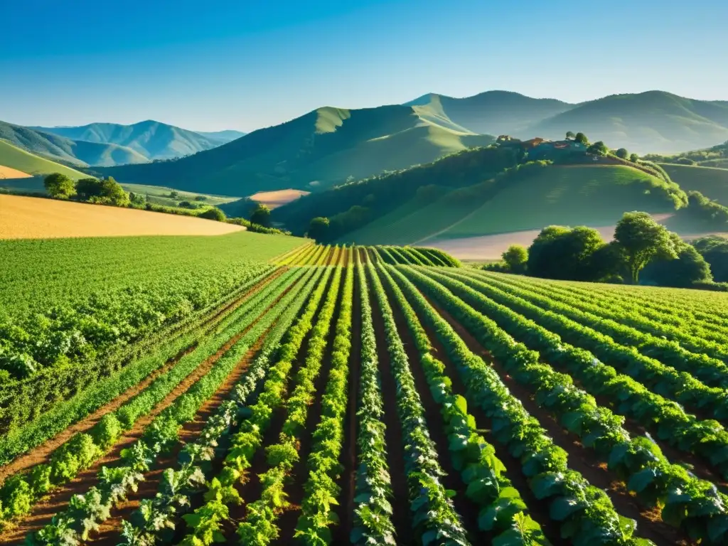 Una granja orgánica exuberante y próspera con técnicas agricultura de conservación orgánica, campos verdes y cielos azules