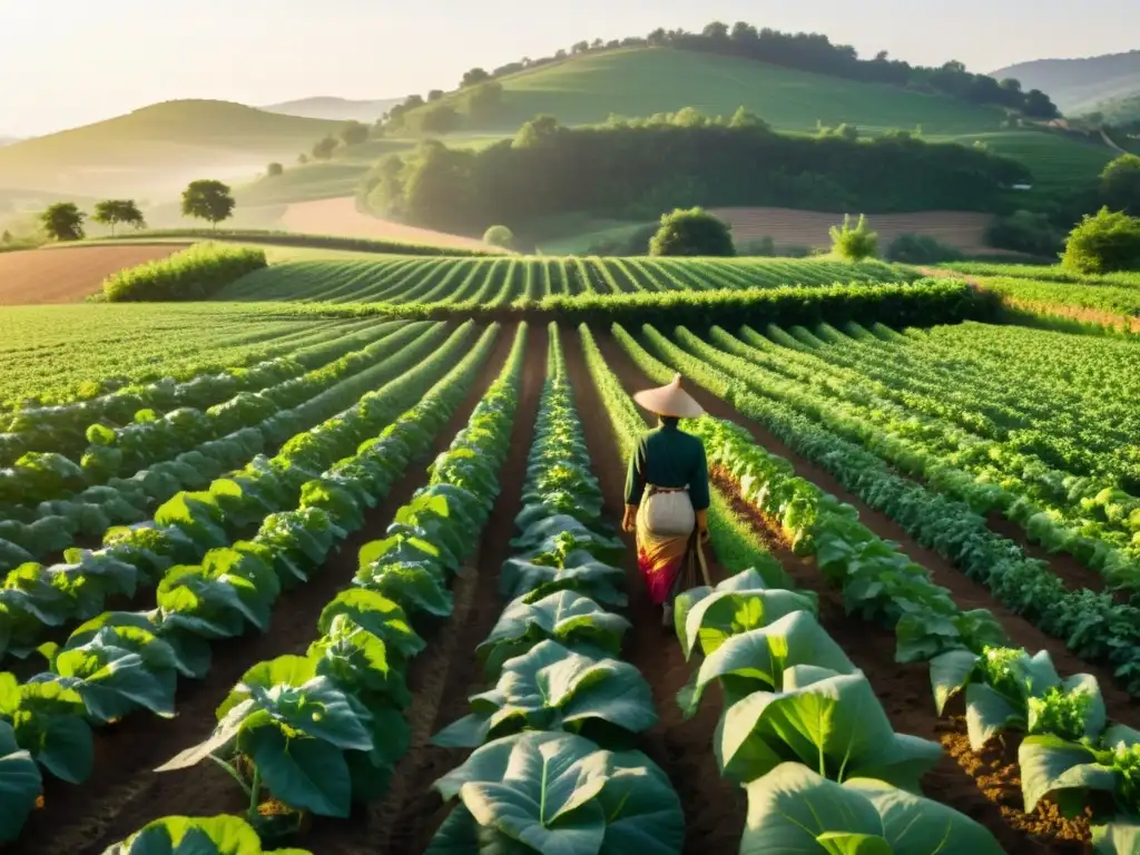 Una granja orgánica exuberante y verde con hileras de cultivos