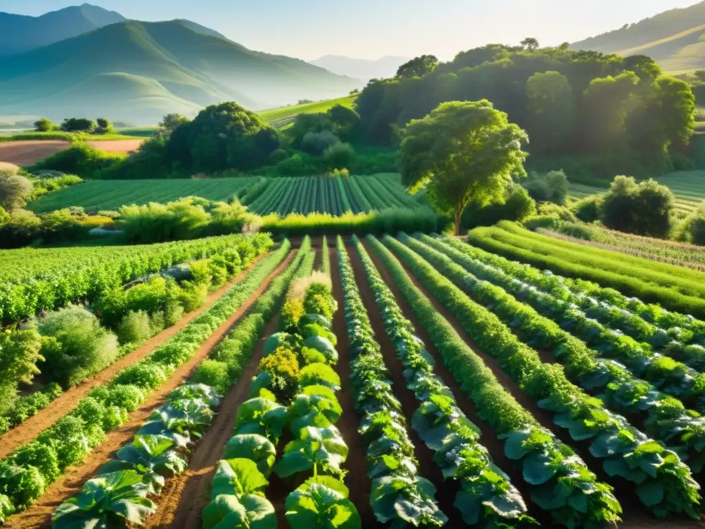 Una granja orgánica exuberante y verde con cultivos vibrantes bañados por la luz dorada del sol en un día claro