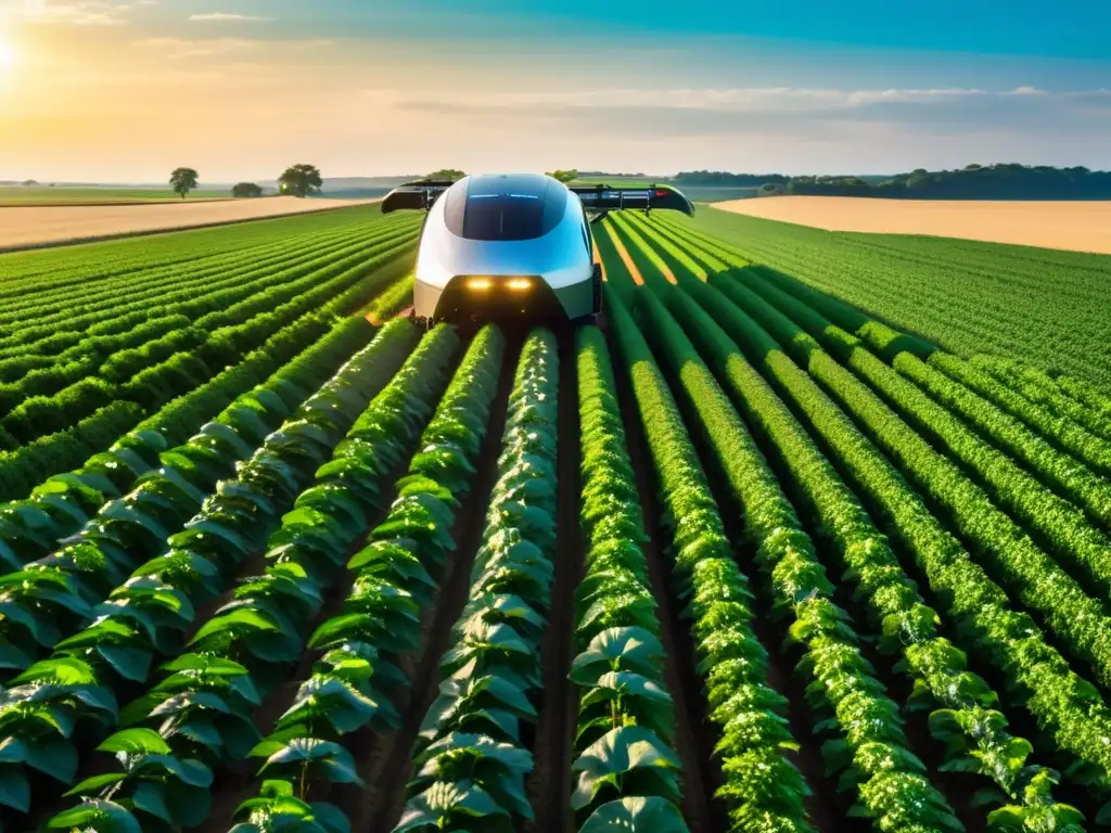 Una granja orgánica exuberante y verde con un robot de servicio para agricultura orgánica, fusionando naturaleza y tecnología