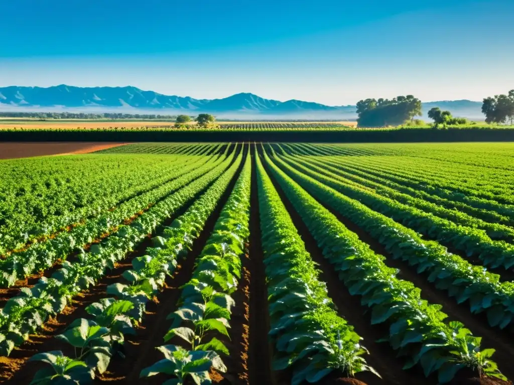 Una granja orgánica exuberante y verde se extiende, con moderno sistema de riego, armonizando tecnología y belleza natural