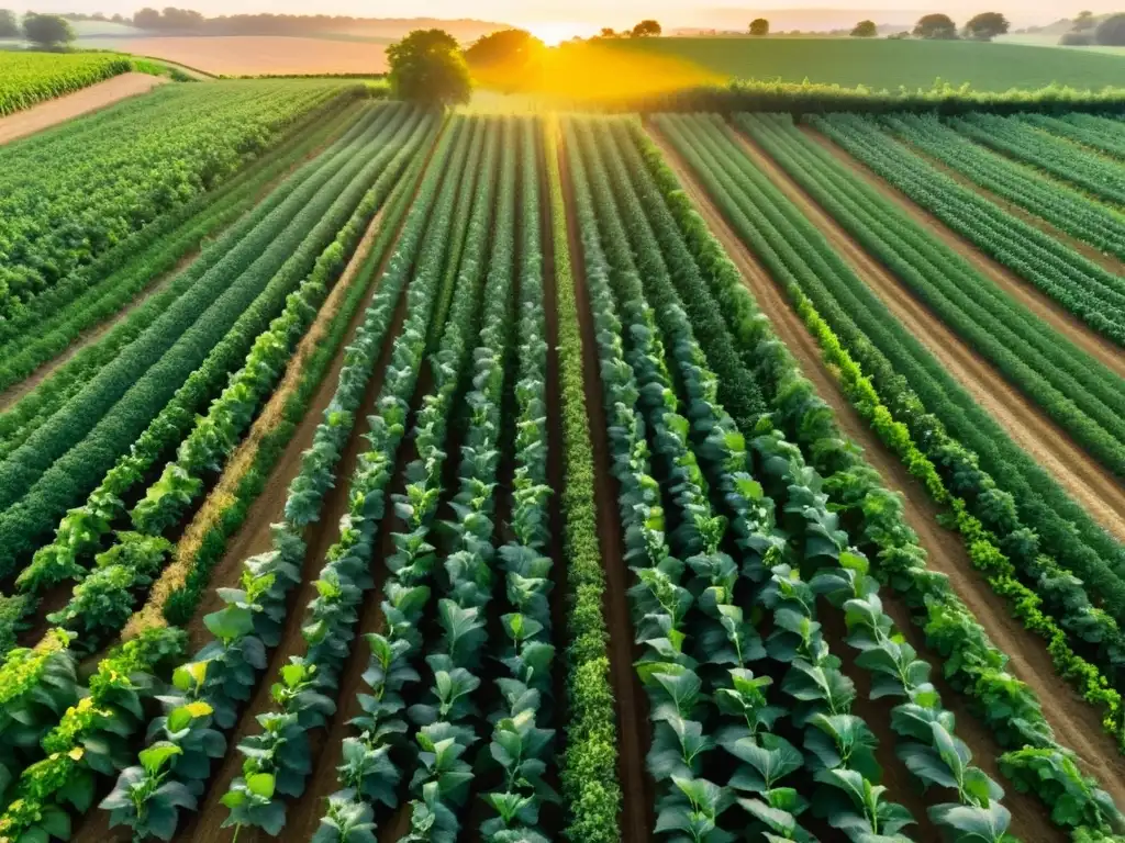 Una granja orgánica exuberante y vibrante, con cultivos ordenados bañados por el sol