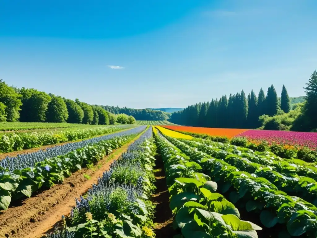 Una granja orgánica exuberante y vibrante con cultivos coloridos bajo un cielo azul claro