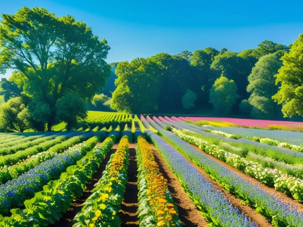 Una granja orgánica exuberante y vibrante, con cultivos verdes bajo el cielo azul