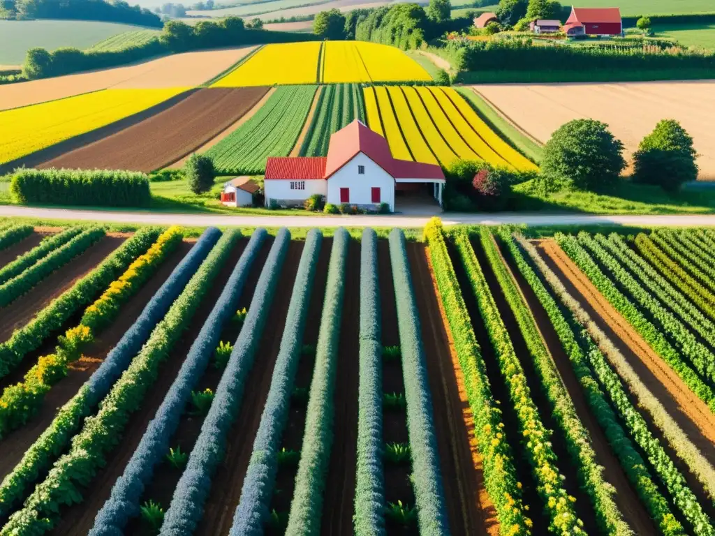 Una granja orgánica exuberante y vibrante con cultivos coloridos ordenados, bajo un cielo azul claro