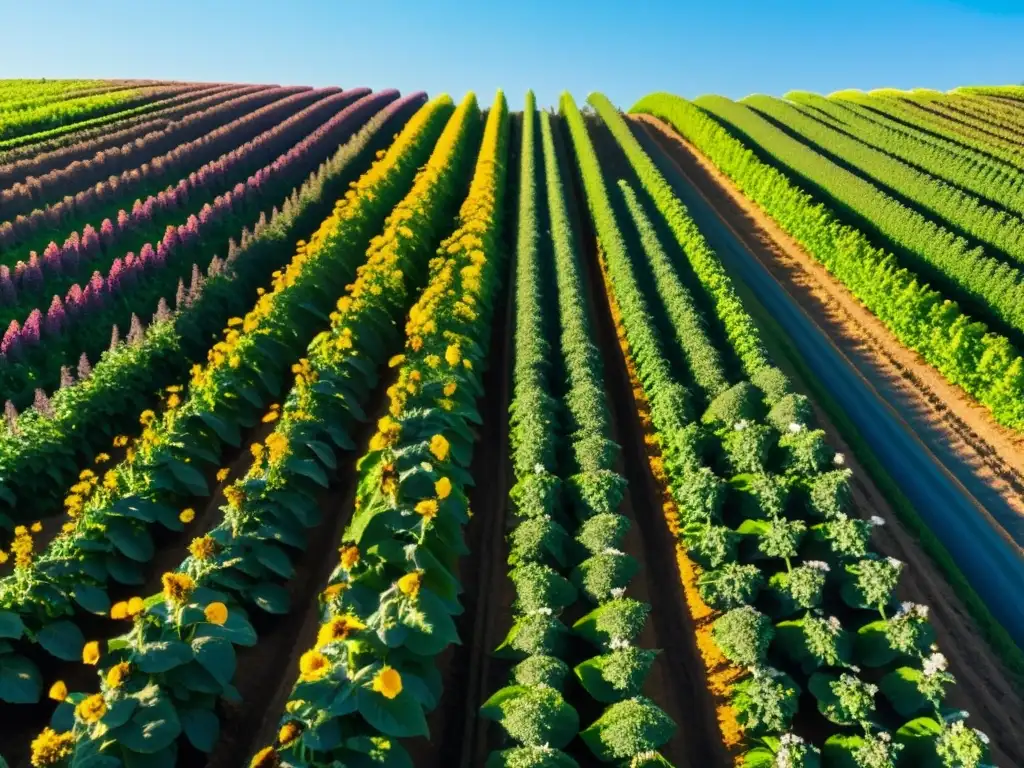 Una granja orgánica exuberante y vibrante con cultivos ordenados bañados por el sol, representa formación en agricultura orgánica competitiva