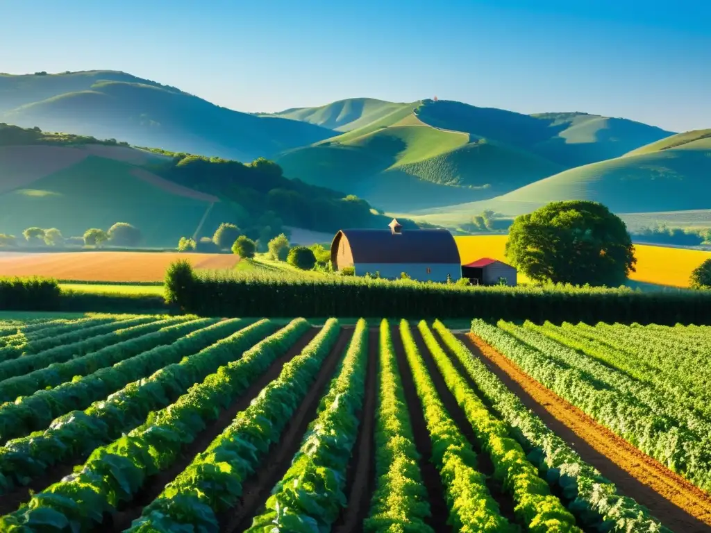 Una granja orgánica exuberante y vibrante bajo un cielo azul claro, con cultivos plantados en filas y una casa de campo en la distancia